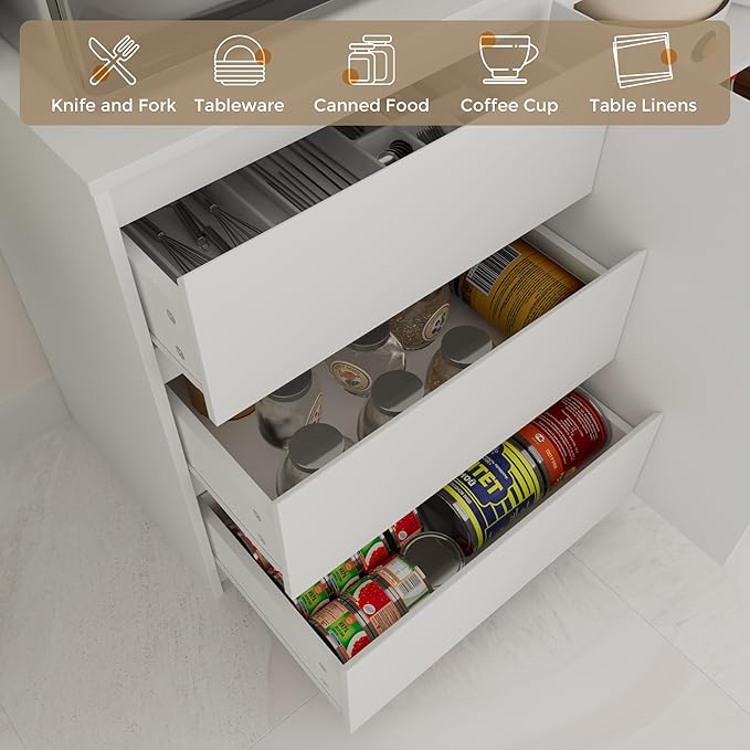 Large Kitchen Hutch Cabinet with Microwave Stand, Storage Cupboard Pantry with 3-Tier External Shelves and 3 Drawers, Ktichen Food Pantry with Open Countertop for Dining Room, White