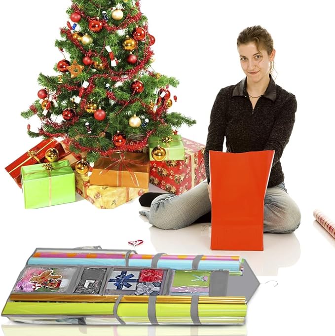 ProPik Hanging Double Sided Christmas Wrapping Paper Storage Organizer With Multiple Pockets, Organize Gift Wrap, Bows, Ribbons - 40"X17" Fits 40 Inch Rolls - Clear PVC Bag (Grey)