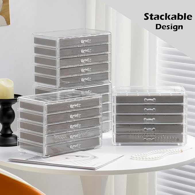 Jewelry Organizer with 5 Drawers Clear Acrylic Earring Display Case Velvet Jewelry Storage Box Display Holder for Earring Ring Bracelet Necklace (Gray, 90 Grids)
