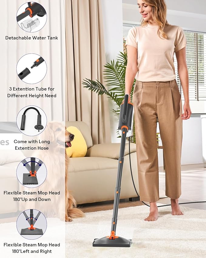 HelpX Steam Mop Cleaner with Detachable Handheld Steamer, 20 in 1 Wired Steam Cleaner with Multiple Accessories, Detachable Water Tank, Microfiber Pads for Floor Tiles Carpet and Grout Cleaning (Grey)