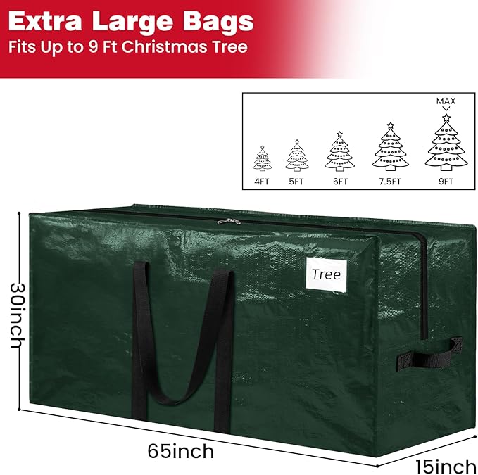 Christmas Tree Storage Bag 9 Ft, Durable & Waterproof Xmas Holiday Tree Bag with Handles, Tag Pocket, Artificial Christmas Trees Storage Box, Garland Storage Container Tote, Green