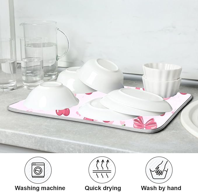 Pink Bow Bowknot Dish Drying Mat for Kitchen Countertop 18x24 Rectangle Large Drying Mat Reusable Quick Dry Dish Sink Absorbent Mats Dishwasher Easy Clean Decorative Home Decor Essentials