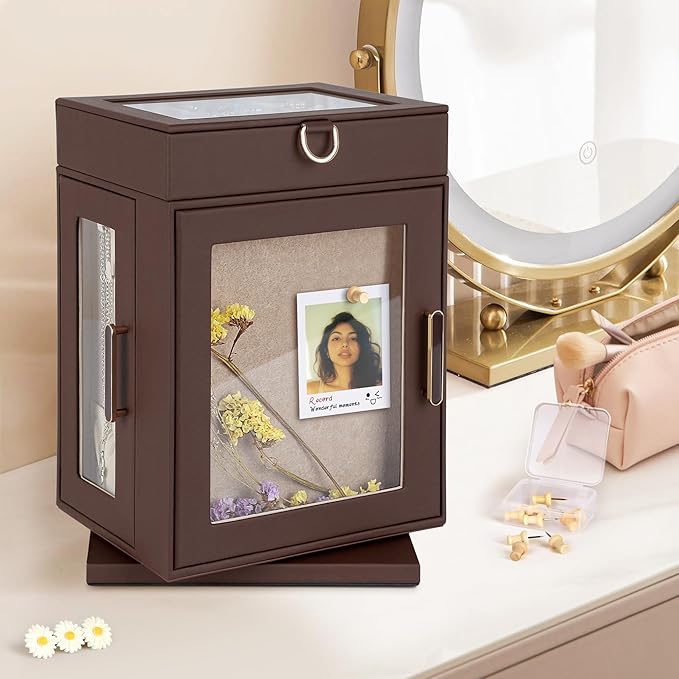 Kendal 360° Rotating Jewelry Box - Brown PU Leather Jewelry Organizer with Shadow Box & Pinboard, Detachable Top Tray, Drawers & Push Pins for Personalized Accessory Display & Storage