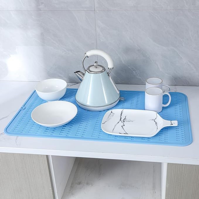 MicoYang Silicone Dish Drying Mat for Multiple Usage,Easy clean,Eco-friendly,Heat-resistant Silicone Mat for Kitchen Counter or Sink,Refrigerator or Drawer Liner Light Blue 3XL 28 inches x 18 inches