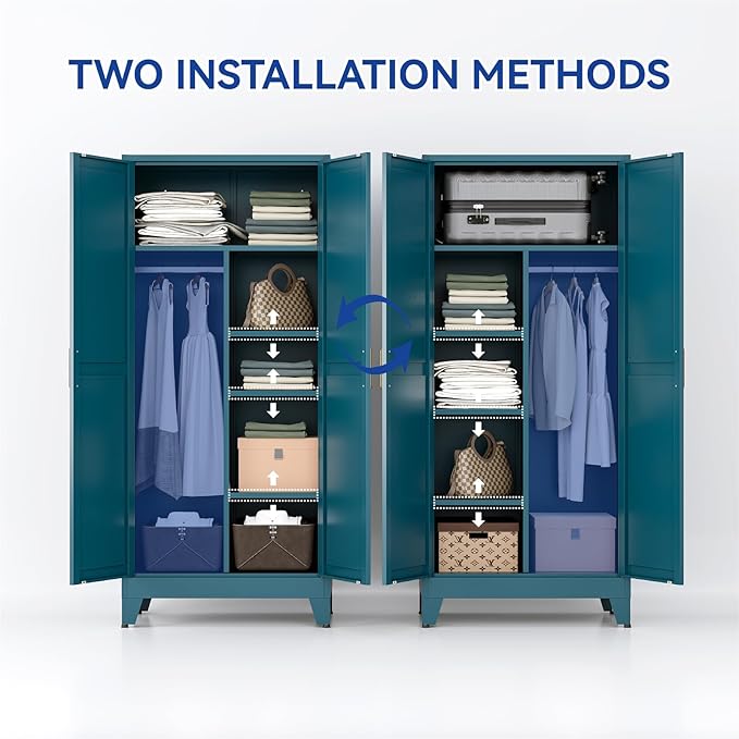 COFaR Metal Wardrobe Closet with Doors, 71'' Tall Steel Bedroom Armoire with Adjustable Hanging Rod and Shelves, Broom Closet Storage Cabinet for Garage Laundry Office, Farmhouse Peacock Blue