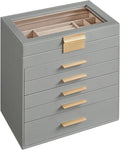 SONGMICS Jewelry Box Organizer with Glass Lid, 6-Layer Jewelry Storage, with 5 Drawers, Modern Style, 6.4 x 9.9 x 11.4 Inches, Dove Gray and Gold Color UJBC171G01