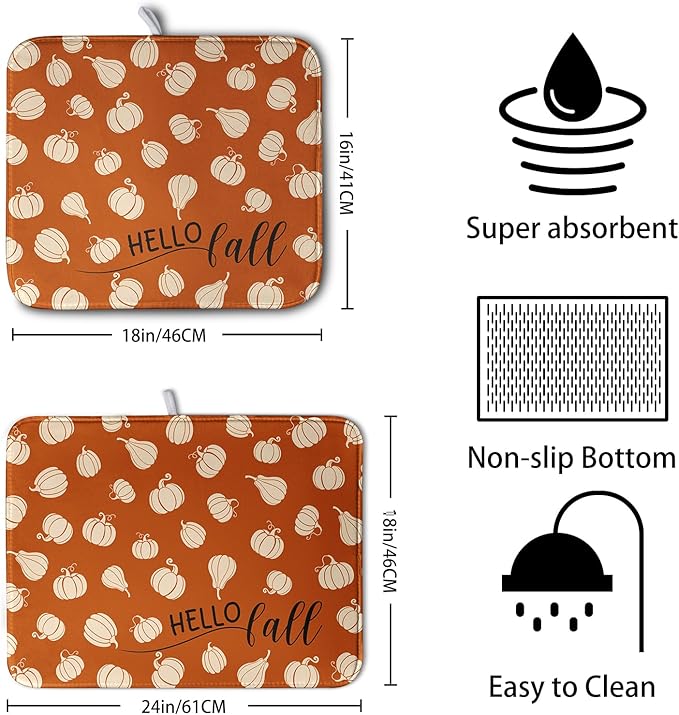 Kwlegh Hello Fall Drying Mat for Kitchen Counter Autumn Orange Pumpkin Dry Dish Mat Thanksgiving Absorbent Microfiber Dish Draining Washable Dish Drainer Rack Mat Large 18x24 Inch