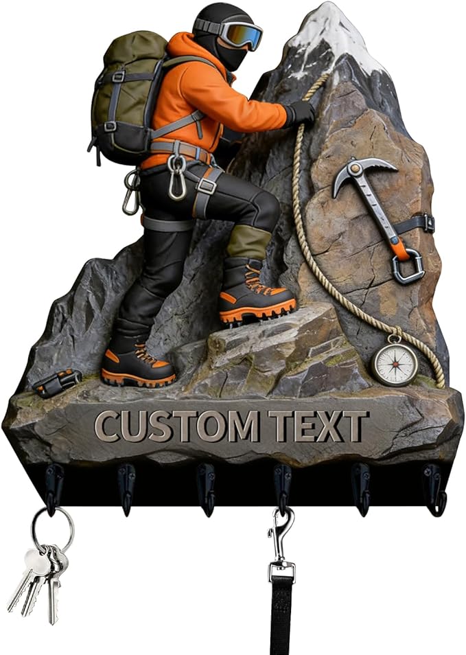 Personalized Name Climber Wall Hooks for Men Women Couple Family Mountaineering Enthusiasts Custom 2D Flat Print Mountaineer Themed Key Holder Mountain Theme Key Rack for Living Room Hallway Office