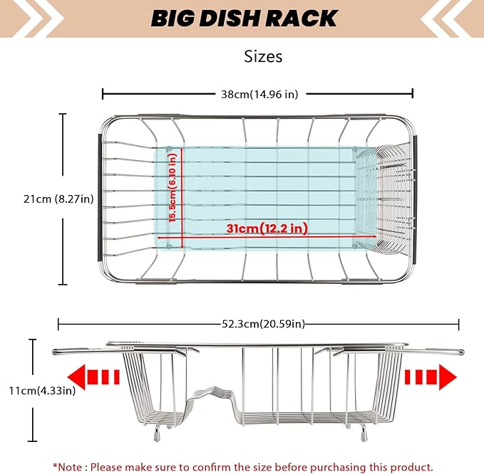 BTLATHA Sink Dish Drainer Rack, Expandable 304 Stainless Steel Dish Drying Rack Organizer with Stainless Steel Utensil Rack, Adjustable 14.96" to 20.59" Inside The Sink (up to 7 Upright Utensils).