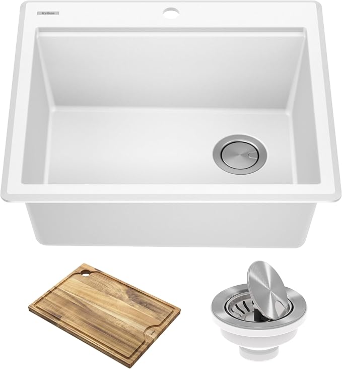 KRAUS Bellucci 25-inch Granite Workstation Drop In Top Mount Single Bowl Kitchen Sink in White with Accessories, KGTW12-25WH