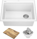 KRAUS Bellucci 25-inch Granite Workstation Drop In Top Mount Single Bowl Kitchen Sink in White with Accessories, KGTW12-25WH