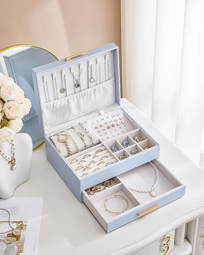 Lolalet 2-Layer Jewelry Boxes Organizer for Women Girls, Jewelry Storage Case Holder with Drawers for Necklaces Rings Earrings Bracelets Watches, Gifts Choice for Girlfriend Wife -Blue