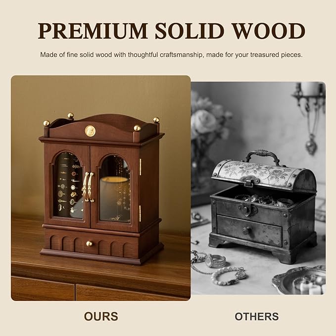 KINTNESS Magic House Style Black Walnut Wooden Jewelry Box - Solid Wood Large Jewelry Organizer with Secret Compartment for Women Girls, Jewelry for Bracelet, Necklace, Ring
