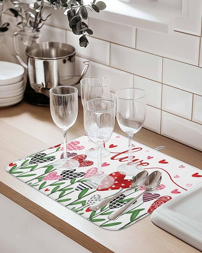 Valentine's Day Dish Drying Mat for Kitchen Counter Pink Red Love Drying Pad Absorbent Drying Mats for Countertops Sinks Draining Racks Romantic Drainer Holiday Decorations 18x24 Inch