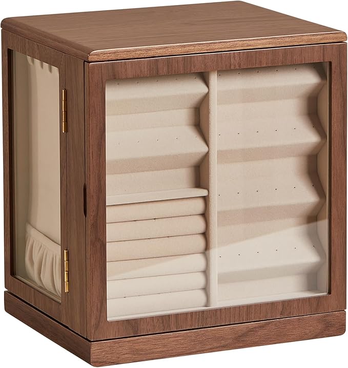 CHOSIN Black Walnut Wooden Jewelry Box, 360° Rotating Organizer with Glass Lid, 5 Drawers for Earrings, Rings, Necklaces – Vertical Jewelry Storage for Women Valentine's Day Gifts