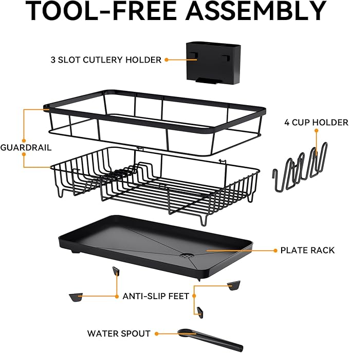 TOOLF Large Dish Drying Rack for Kitchen Counter,Kitchen Dish Racks with Drainboard,Sink Dish Strainer Rack,Countertop Dish Drainer Rack with Cup & Utensil Holders,Black