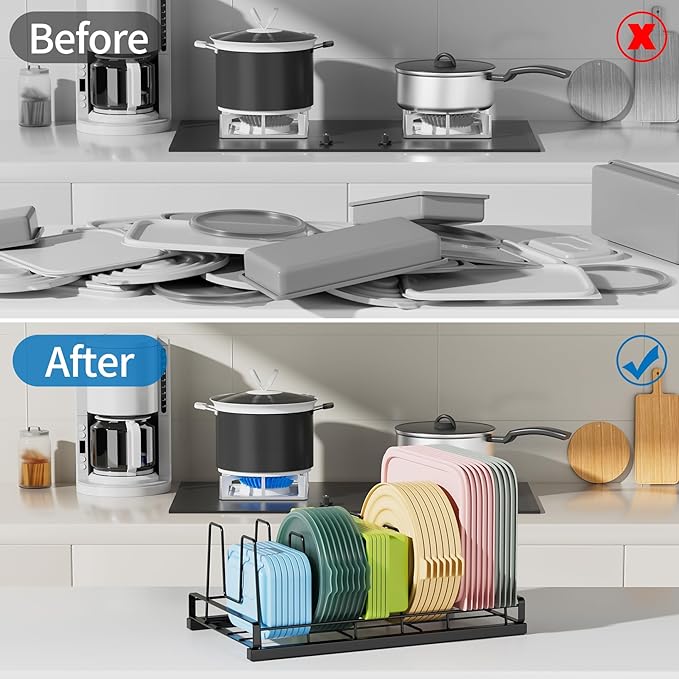 GAGUIUP Food Container Lid Organizer, Adjustable 6 Dividers Full-Metal Pot and Pan Organizer Rack for Kitchen Cabinets, Drawers, Cupboards, Pantry Shelves Storage, Black