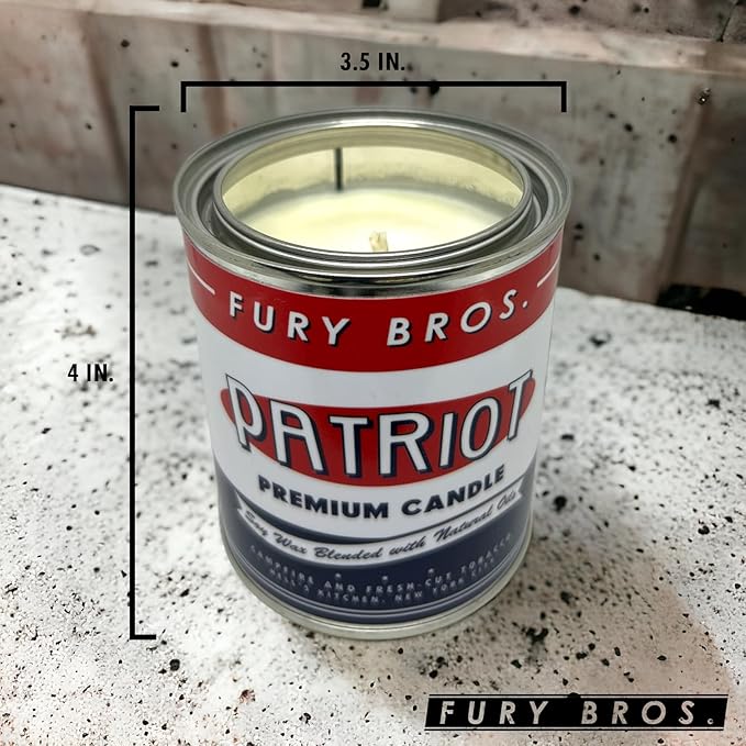 Fury Bros. Scented Candles for Men | Patriot | Campfire & Fresh-Cut Tobacco | Natural Soy Wax | Hand-Poured in The USA | Long 70-80 Hour Burn (12.5 oz) | Vintage-Inspired Tin Design | Dad Home Gift