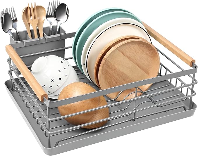BRIAN & DANY Dish Drying Rack, Dish Racks for Kitchen Counter, Stainless Steel Dish Drainer with Removable Cutlery Holder & Drainboard, Grey