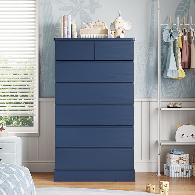 DICTAC Tall Dresser for Bedroom with 7 Drawers, 51.8" Tall Blue Dressers & Chests of Drawers, Modern Wood Closet Organizer and Storage Cabinet, Large Vertical Dresser for Bedroom, Closet, Hallway
