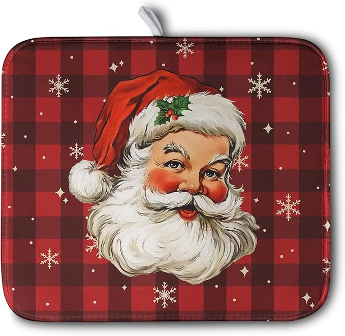 Kwlegh Santa Claus Christmas Dish Drying Mat Xmas Red and Black Buffalo Plaid Snowflake Drying Mats Winter Holiday Dishes Drying Pad Microfiber Absorbent Dish Drainer Rack Mat 16x18 Inch