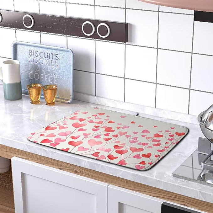 Kwlegh Valentines Pink Love Heart Dish Drying Mat Valentine Day Absorbent Microfiber Dish Drying Pad Heat Resistant Kitchen Counter Draining Mat Extra Large Dish Drainer Rack Mats 18x24 Inch