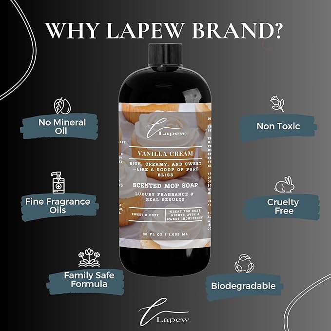 Lapew Vanilla Cream Scented Mop Soap Concentrate 36 oz | Premium Fragranced Floor Cleaner | Streak-Free | Hard Floor Cleaning Solution | Eco Friendly | Made in USA