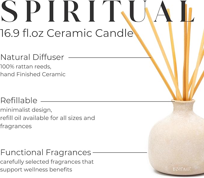 Blueme Spiritual Diffuser | Palo Santo & Vetiver | 16.91 Fl Oz - Refillable Wellness Diffuser, Contains Essential Oil, Sustainable, Hand Finished, Premium, Luxury Ceramic, Natural Rattan Reeds | Large