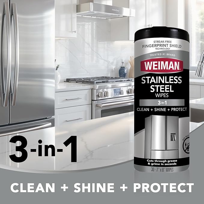 Weiman Stainless Steel Cleaner and Polish Wipes Bundle with Microfiber Cloth-Removes Fingerprints, Water Marks and Grease from Appliances - Works Great on Refrigerators, Ovens, and Grills