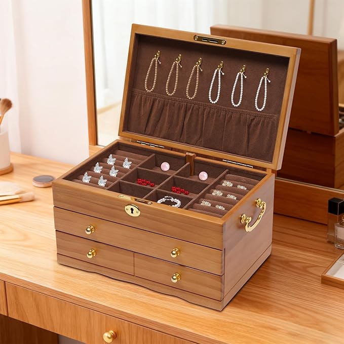 3-Layer Jewelry Organizer with 2 Drawers Wooden Jewelry Box Organizer Display Storage Case with Hook and Lock for Women Necklace Ring Storage