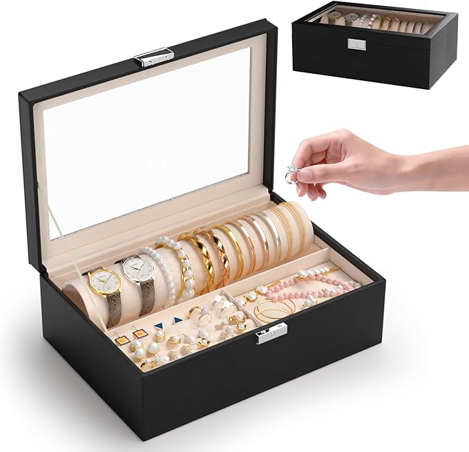 Jewelry Organizer Box with Clear Glass Lid, Bracelet Holder Jewelry Storage Case for Earrings, Rings, Bangles, Watches - PU Leather Jewelry Display Box Gifts for Women Girls, Black