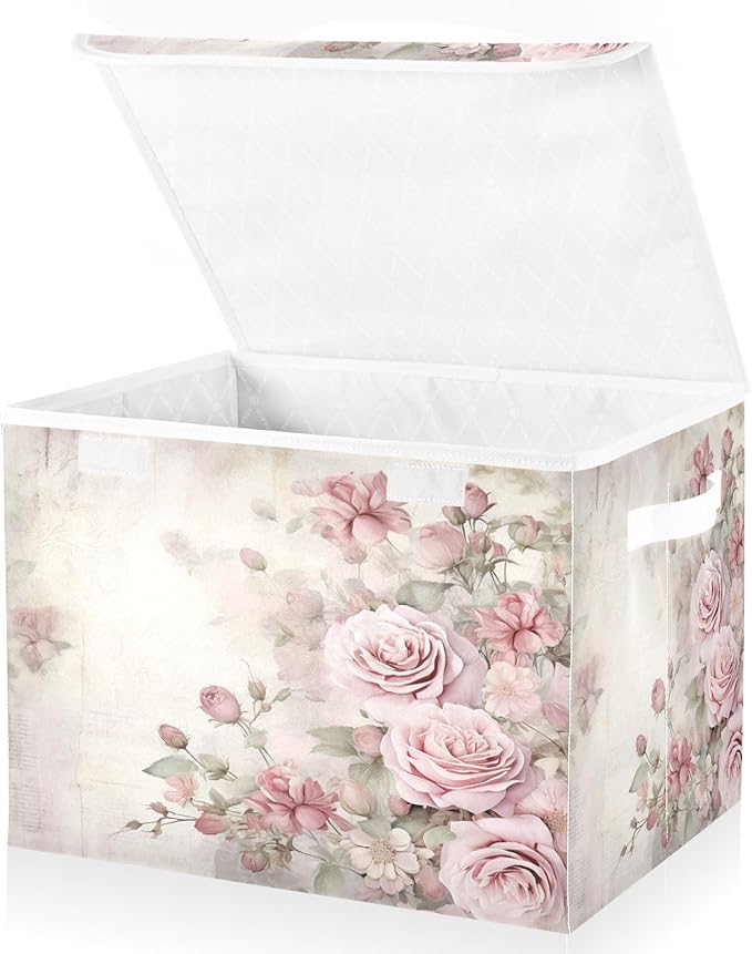 senya Flower Baskets Collapsible Storage Bins with Lids, Vintage Pink Rose Storage Boxes Clothes Baskets for Organizing, B06D22020