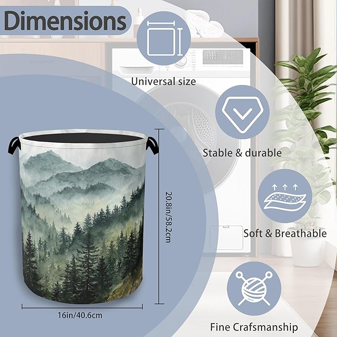 Mountains Forests Laundry Hamper,Dirty Clothes Laundry Basket with Handles Waterproof Oxford Cloth Storage Basket for College Dorms Bathroom Bedroom 16" x 20.8"