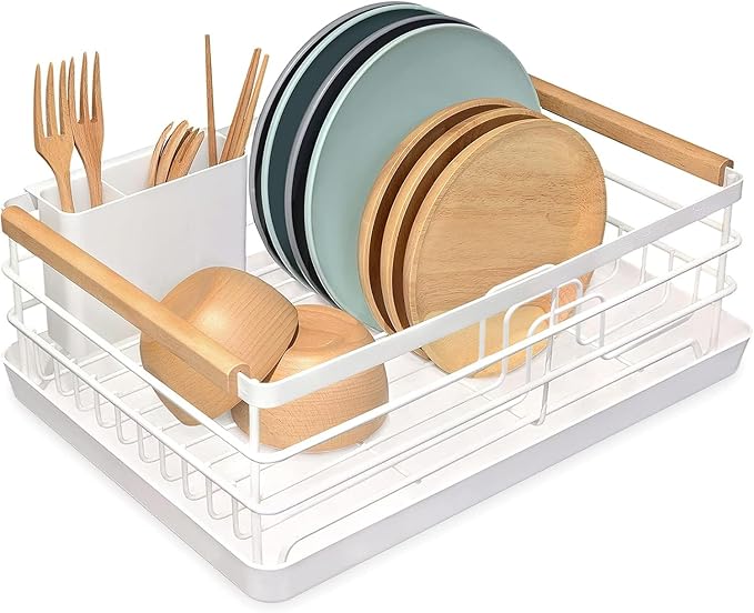 BRIAN & DANY Dish Drying Rack, Dish Racks for Kitchen Counter, Stainless Steel Dish Drainer with Removable Cutlery Holder & Drainboard, White