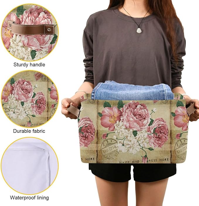 ALAZA Vintage Shabby Chic Rose Floral Foldable Storage Box Storage Basket Organizer Bins with Handles for Shelf Closet Living Room Bedroom Home Office 1 Pack
