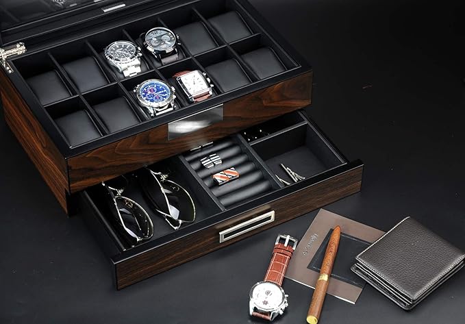 Lifomenz Co Wooden Watch Box for Men Watch Jewelry Box organizer with Valet Drawer,12 Slot Watch Display Case Holder Large Watch,Men Accessories Organizer with Real Glass Window Top
