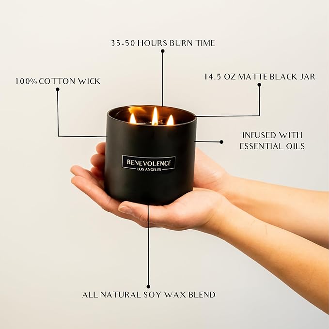 Benevolence LA 3 Wick Candle, Charcoal Large Scented Candle | Soy Candles | Holiday Candle Gifts for Women and Men | Home Fragrance | Aromatherapy | Bathroom Freshener 14.5 Oz, 45 Hour Burn