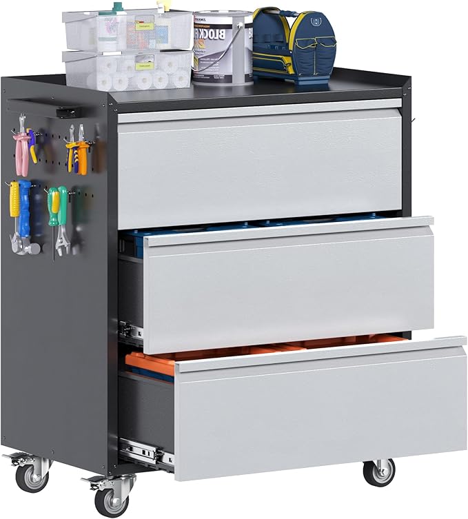 3 Drawers Garage Storage Cabinet with Wheels,35" H Metal Storage Cabinets for Garage, Home, Assembly Required,Black&Silver