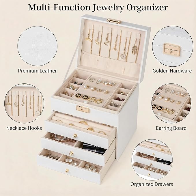 Leather Jewelry Box with Lock for Women, 4-Tier 3-Drawer Jewelry Organizer, Large Capacity Vanity Storage Case for Earrings Rings Necklaces, Gift for Her (White)