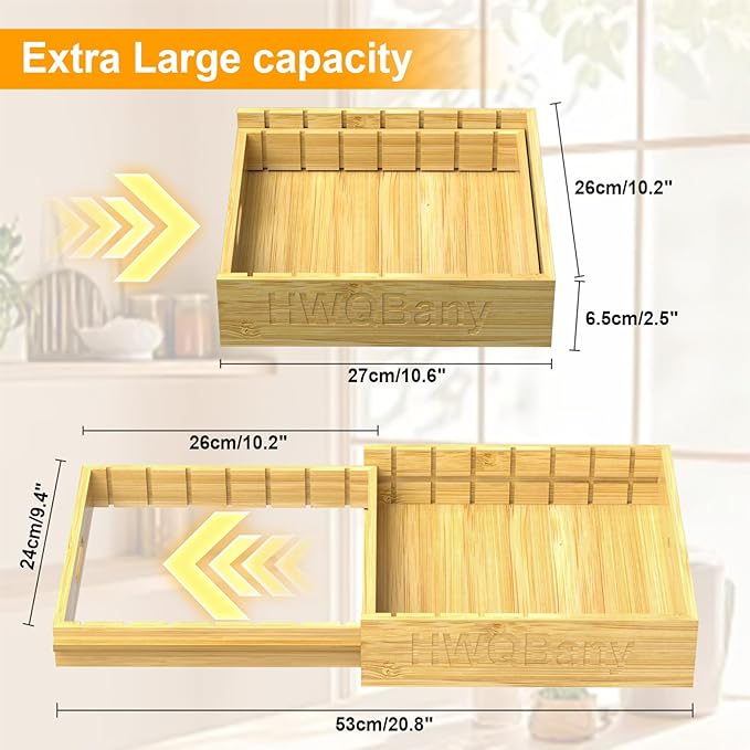 HWQBany Pots and Pans Organizer, Bamboo Expandable Cutting Board Organizers, Adjustable Pot Lids Organizer for Cabinet with 5 Adjustable Dividers for Pots, Pans, Baking Sheets, Cutting Boards, Nature