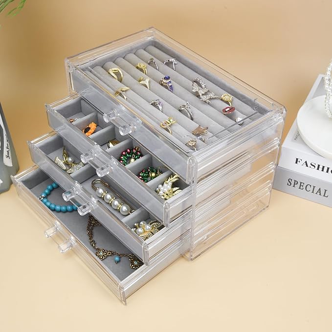 Weiai Acrylic Jewelry Organizer, Clear Jewelry Box with 4 Drawers, Jewelry Case Storage for Women (Gray)