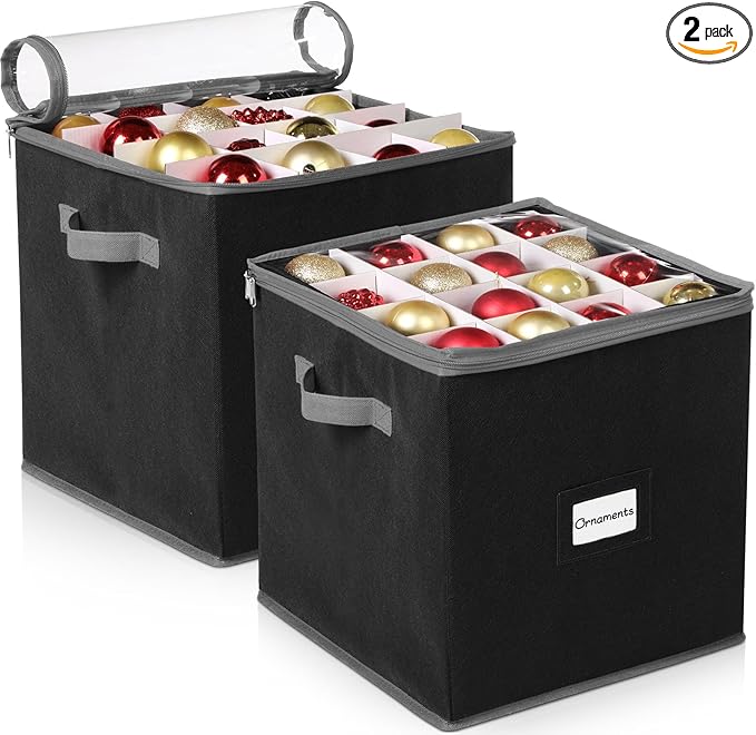 CHENGU 2-pack Christmas Ornament Storage Stores up to 64 Christmas Ball Accessories Holder with Adjustable Dividers, Zippered Closure Two Handles for Holiday Ornaments and Xmas Decorations(Black)