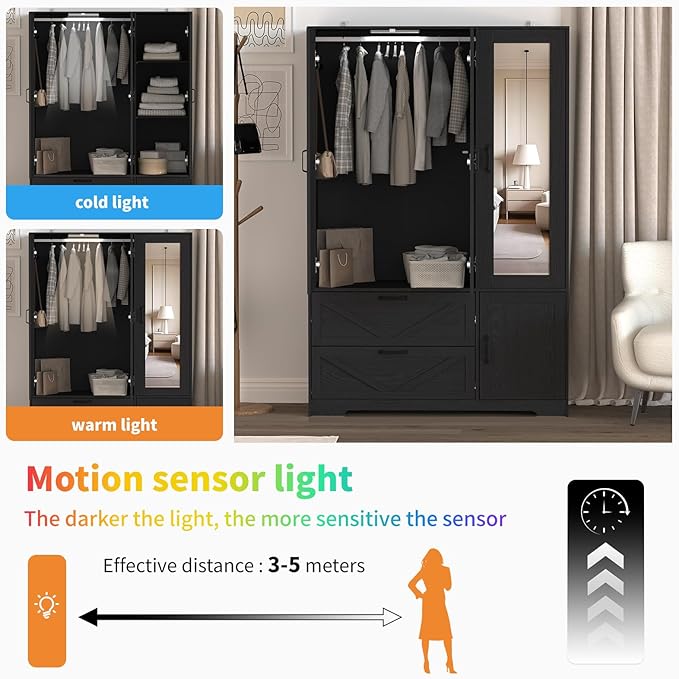 Armoire Wardrobe Closet with Mirror and 2 Drawers, 72''H Bedroom Armoire Wardrobe Cabinet with Hanging Rod and Light,Wooden Bedroom Closet with Adjustable Shelf