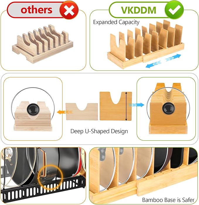 VKDDM Pots and Pans Organizer for under Cabinet - Expandable Bamboo Pot Lid Organizer, Bakeware and Cutting Board Organizers, Drawer Pot Lid Holder Rack for Kitchen Organizers and Storage