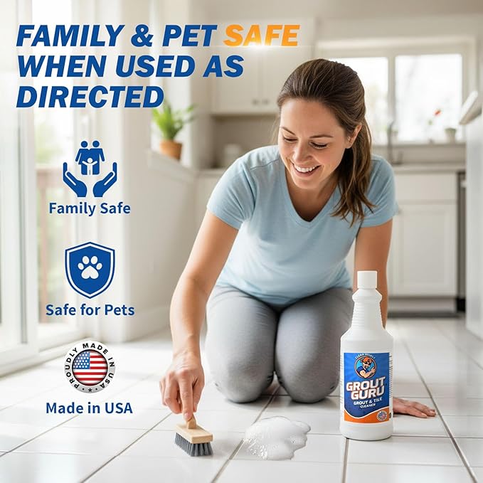 Guru The Professional Grout Cleaner for Tile Floors | Acid Free Formula | Tile Cleaner Spray for Marble, Natural Stones, Porcelain, & Marble | Shower Bathroom and Home Cleaner - Liquid, 32 Oz