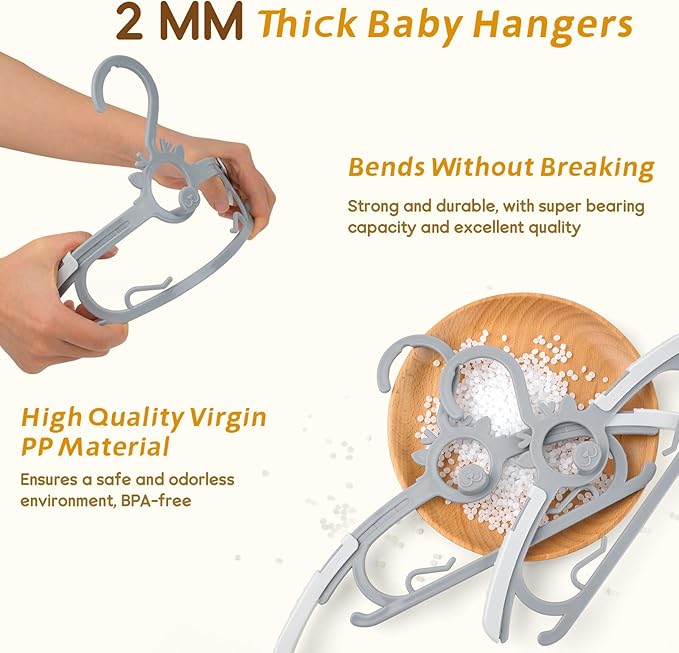 Toddler Hangers 60PCS, 11"-14" Extendable and Stackable Baby Hangers, 45g Ultra-Thick Space Saving Non-Slip Plastic Hanger for Infant, Kids and Nursery Closet, Gray