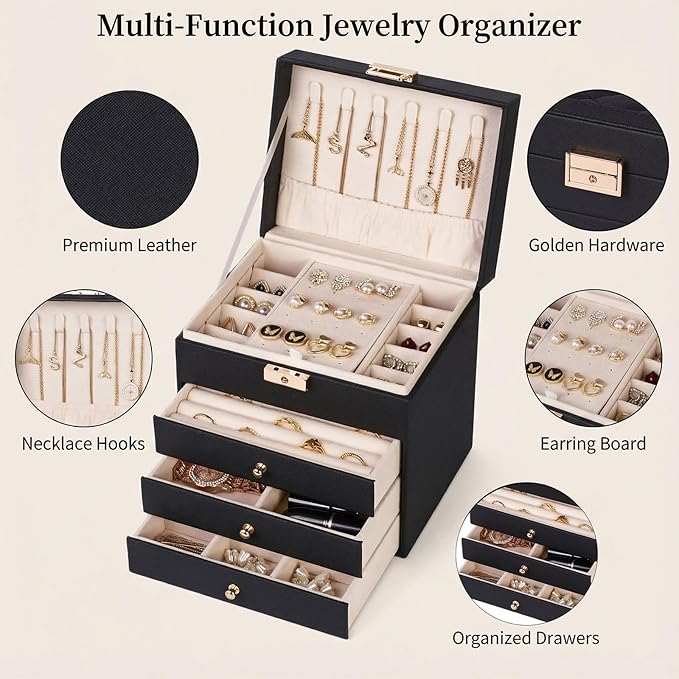 Leather Jewelry Box with Lock for Women, 4-Tier 3-Drawer Jewelry Organizer, Large Capacity Vanity Storage Case for Earrings Rings Necklaces, Gift for Her (Black)