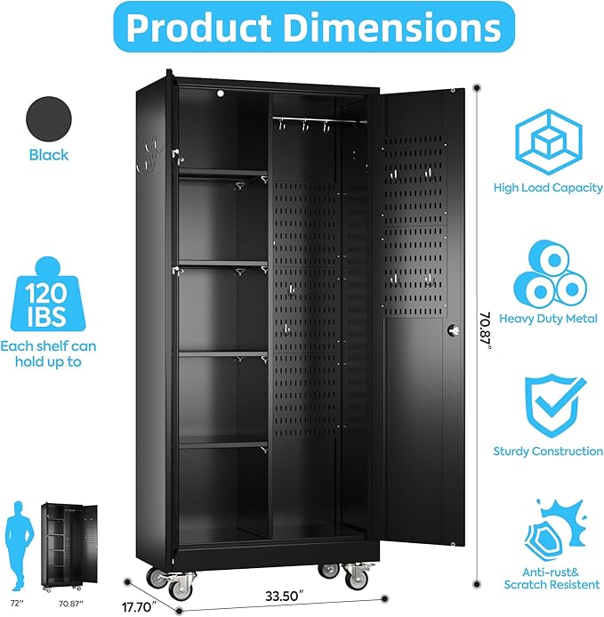 Garage Storage Cabinet with Wheels and 5 Pegboard, Metal Storage Cabinets with 2 Doors and 4 Shelves, Broom Closet Storage Cabinet with Hanging Rod and 13 Hooks, 70.87" Hx33.5 Wx17.7 D, Black