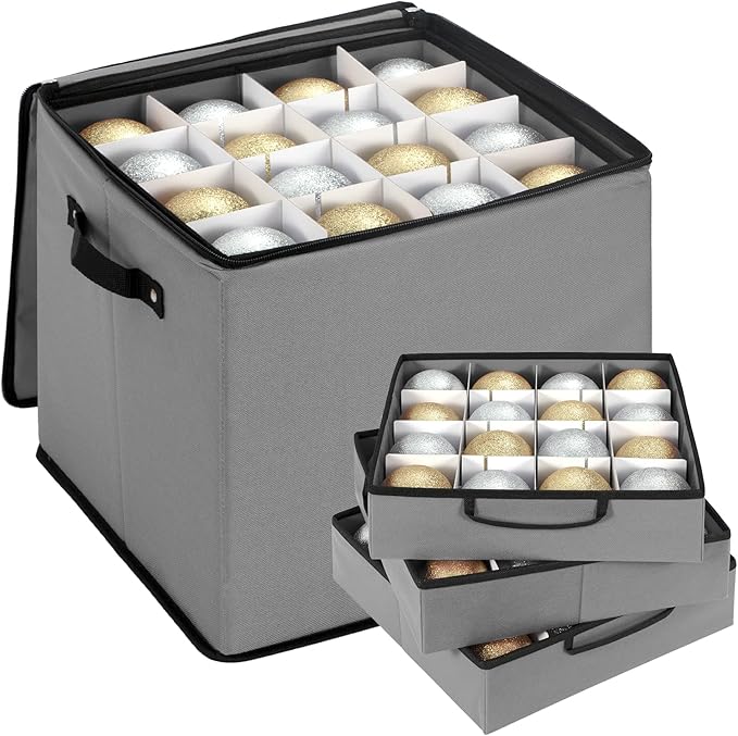 Christmas Ornament Storage Box With Adjustable Dividers,Ornament Storage Container With 4 Removable Trays for 64 Holiday Decorations,Gray