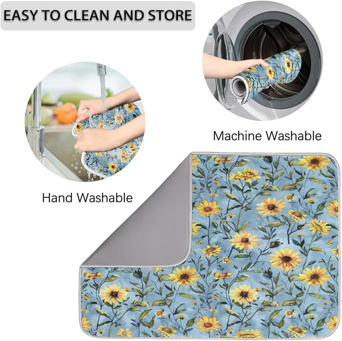 Hexteria Sunflower Dish Drying Mats for Kitchen Counter, Quick Dry Dish Mat 16 x 18 Inches, Dishes Draining Mats Foldable Dish Rack Pad, Sunflower